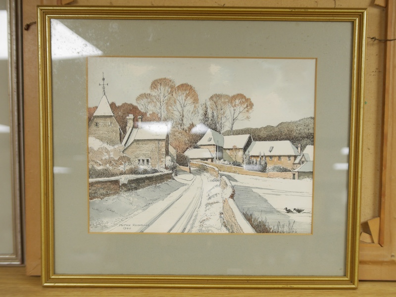 Peter Robbins, three works comprising an oil on canvas and two ink and watercolours, Alfriston views, each signed, one dated 1980, largest 49 x 59cm. Condition - good